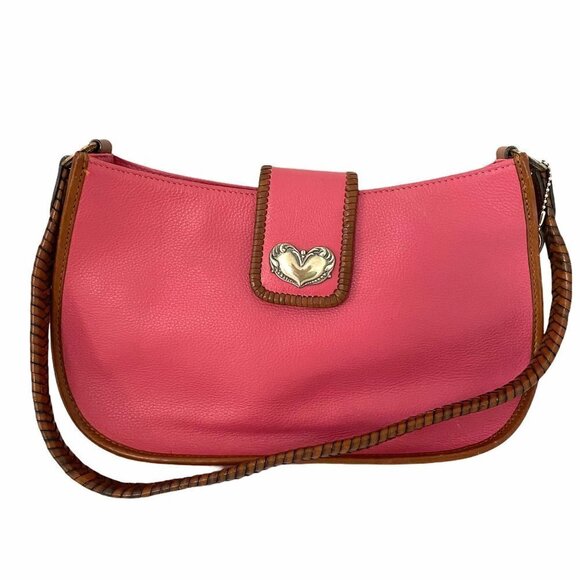 Fossil Pink Brown Leather Heart Accent Whipstitch Y2K Medium Shoulder Bag Purse - Picture 1 of 11
